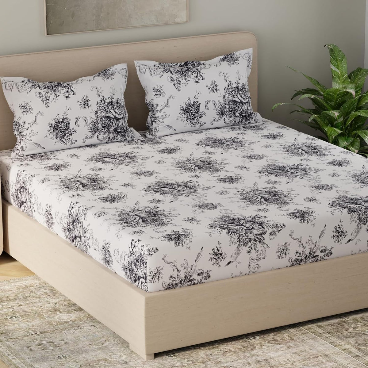 Flat 1 King Size Bedsheet With 2 Pillow Covers - Size 108 X 108 Inches, White & Black | Luxury Soft Sheet, Lightweight & Breathable Bedsheet