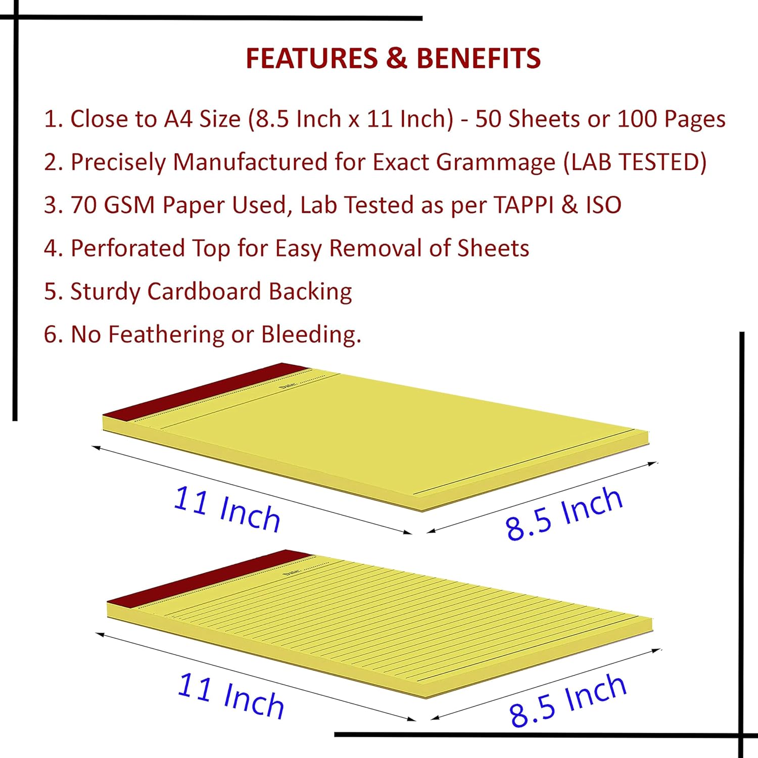 A4 Size, Writing Notepads, Single Side Ruled & Unruled, 50 Sheets Per Pad (Yellow) Pack Of 20