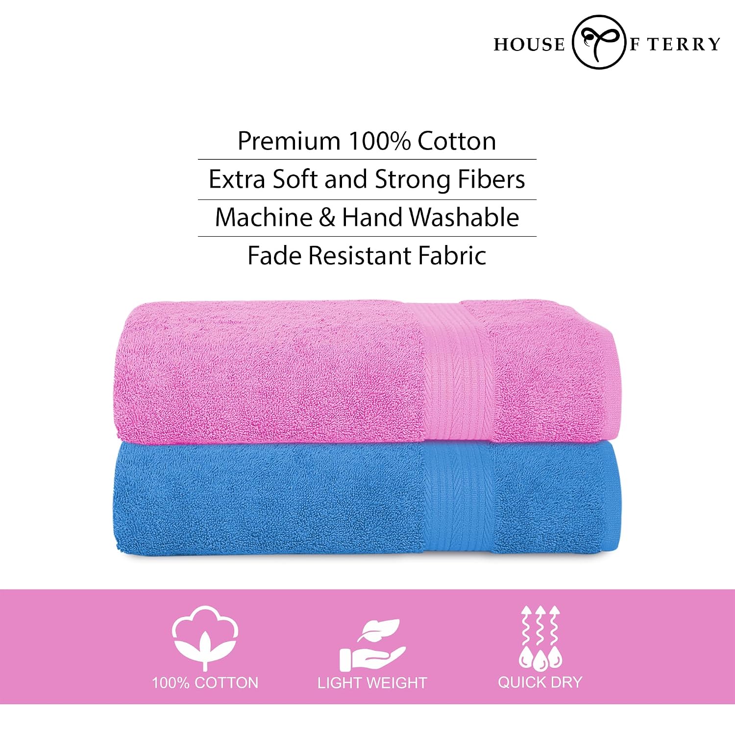House Of Terry 100% Cotton Bath Towel 1000 Gsm | Quick Dry, Soft & Absorbent, Fade-Resistant, Skin-Friendly Large Size Towel (Baby Pink & Blue) - Pack Of 2