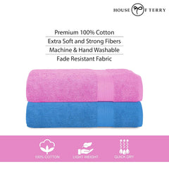 House Of Terry 100% Cotton Bath Towel 1000 Gsm | Quick Dry, Soft & Absorbent, Fade-Resistant, Skin-Friendly Large Size Towel (Baby Pink & Blue) - Pack Of 2