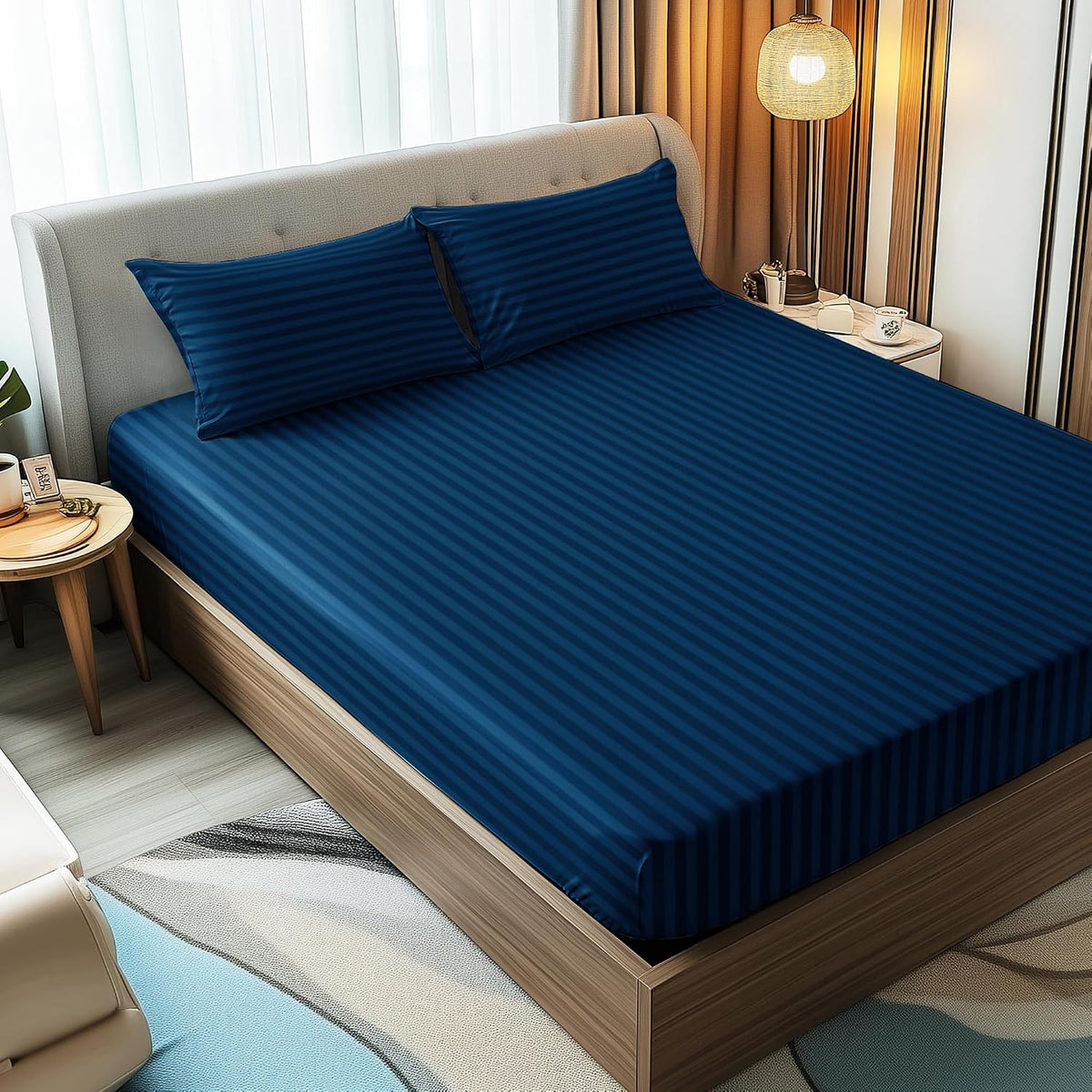 Stripes King Size Cotton Bedsheet With 2 Pillow Covers - 86 X 94 Inches, Navy Blue | Perfect For Home Decor, Guest House | Ideal For All Seasons
