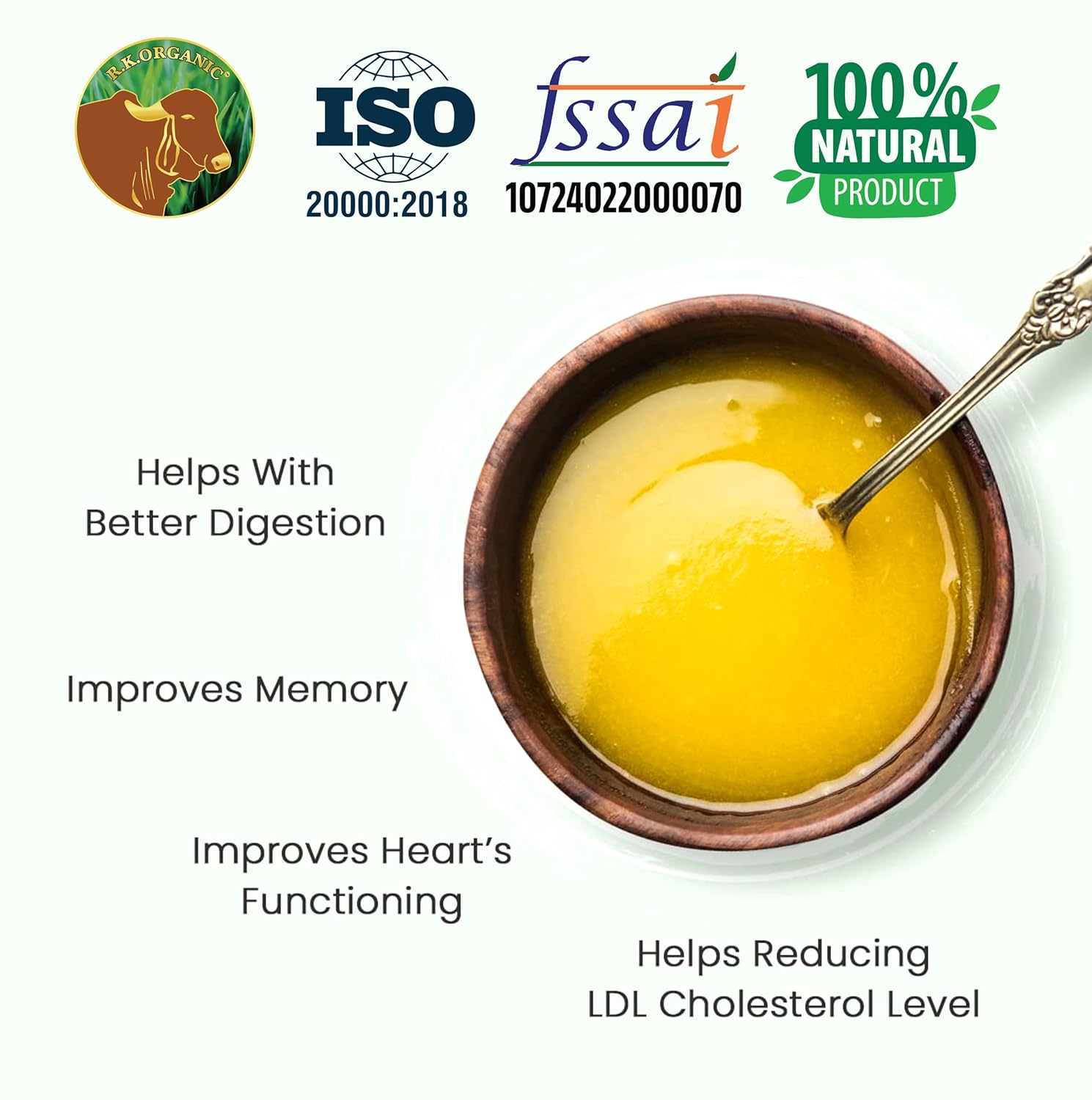 Organic Desi Cow Ghee By R. K. Organic | Good Source Of Vitamin A, Delicious, Healthy & Nutritious Homemade Desi Ghee | 2 Litre (1 Litr * 2) 67.6 Ounce | Box Pack