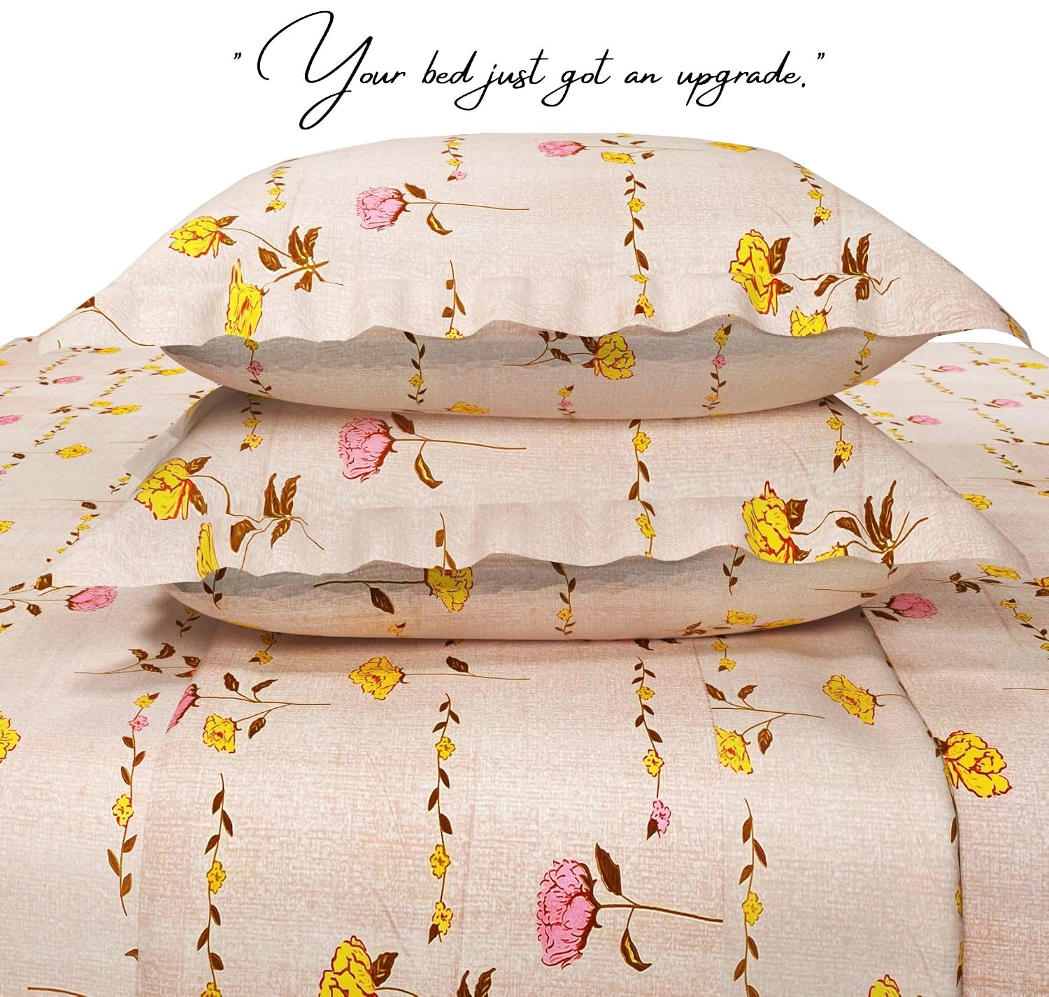 Super King Size Bedsheets With 2 Large Pillow Covers - 108 X 108 Inches, Peach & Yellow | Luxury Soft Brushed Glace Cotton - Long Lasting & Wrinkle Free | 3 Pcs Set