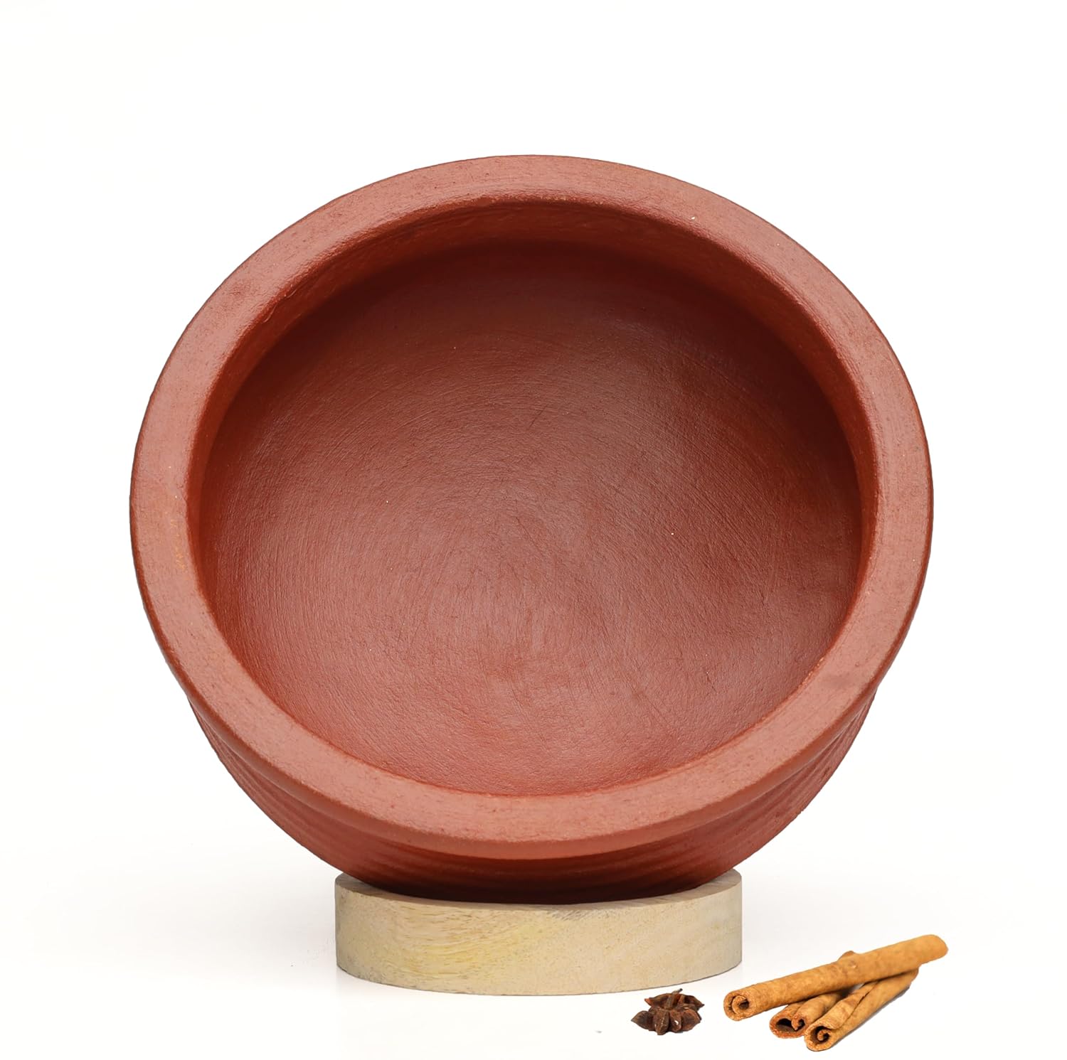 Deep Burned Uncoated Clay Biryani Pot Or Mitti Handi With 2 Wooden Spatulas Complimentary For Cooking & Serving - Red, 1 Liter | Pre-Seasoned Mud Pot - Unglazed, Double Fired, Hand Crafted