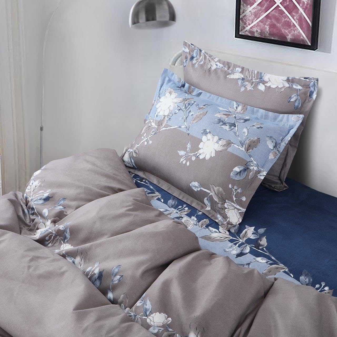 1 King Size Elastic Fitted Bedsheet With 2 Pillow Cover + Comforter - 72 X 78 Inches, Blue & Grey | Suitable For All-Season Use | Soft To Touch, Light Weight