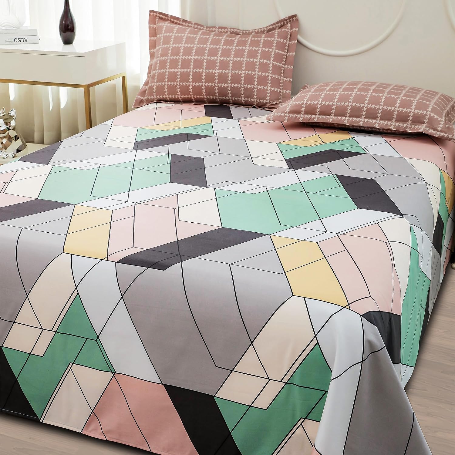 Bedsheets For Double Bed With 2 Pillow Cover - 92 X 98 Inches, Green & Peach | Satin Finish Microfiber Queen Size Bedsheet | Skin Friendly & Breathable Fabric