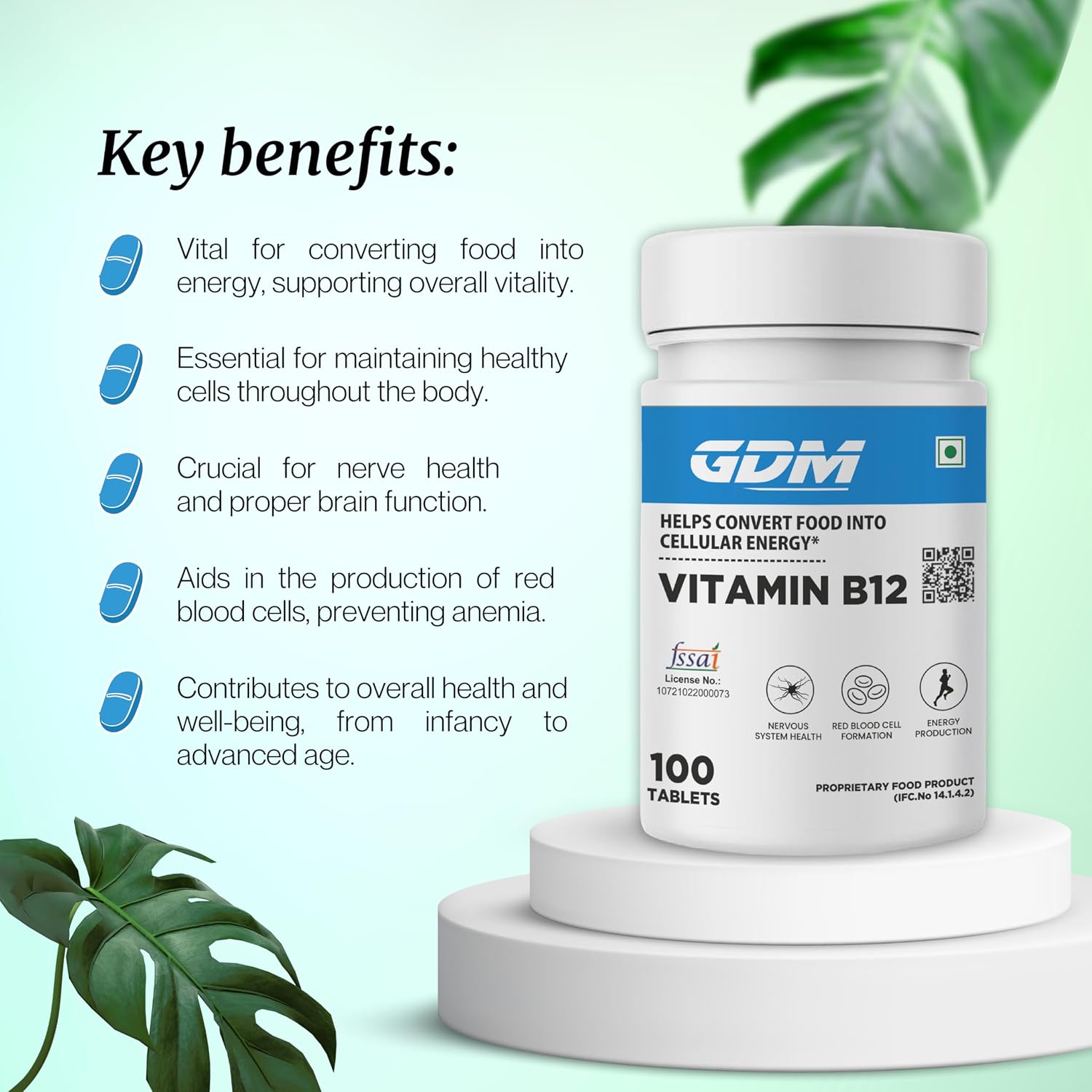 Gdm Vitamin B12 Supplement , Boost Energy Level , Good For Digestion , For Both Men & Women | 100 Veg Tablets , 150gm 0.3lbs