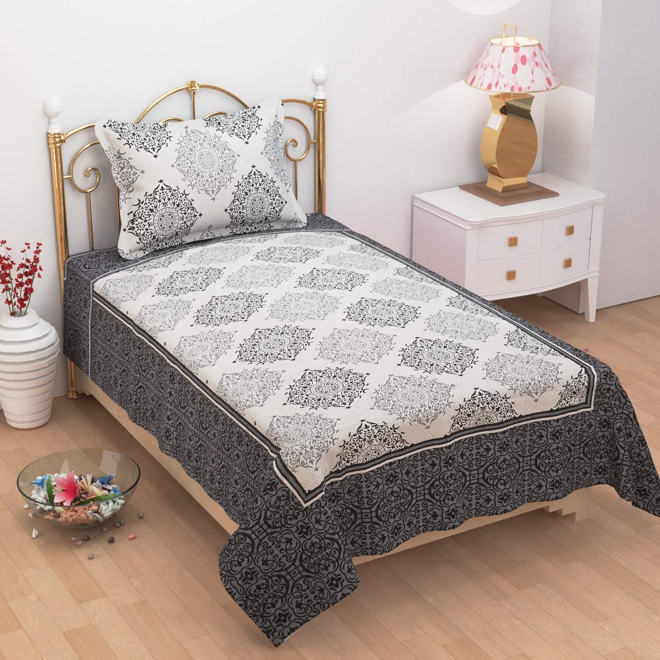 1 Single Bedsheet With 1 Large Pillow Cover - Size - 60 X 100 Inches, Black & Grey | Designer Printed Bedsheet Set - Naturally Soft, Breathable, & Skin Friendly
