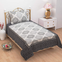 1 Single Bedsheet With 1 Large Pillow Cover - Size - 60 X 100 Inches, Black & Grey | Designer Printed Bedsheet Set - Naturally Soft, Breathable, & Skin Friendly
