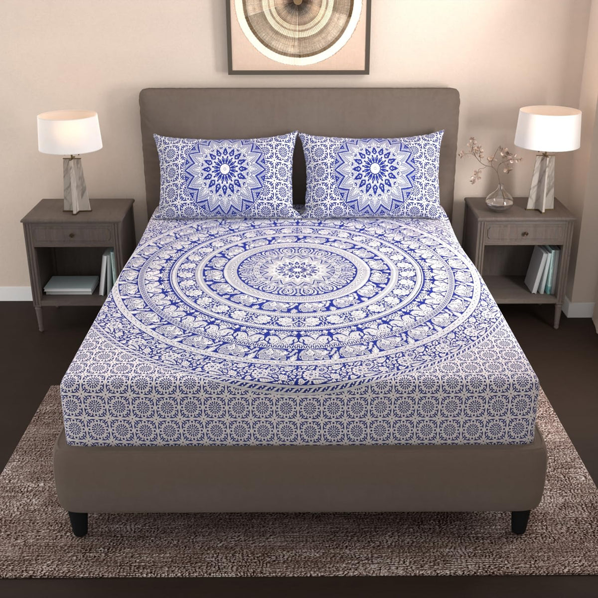 Printed Double Bedsheet For Queen Size With 2 Matching Pillow Cover | Size 90 X 100 Inches, Blue & White - Handloom Cotton Bedsheets For Double Bed | Soft & Smooth