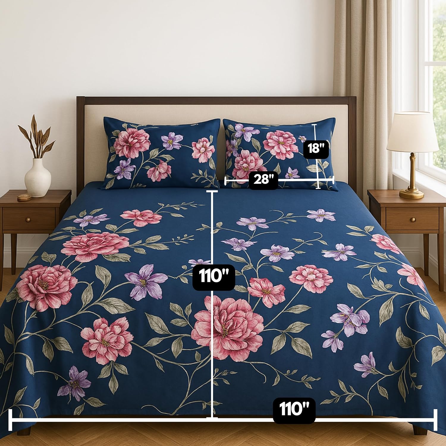 Printed Cotton Bedsheet For King Size With 2 Pillow Cover | 108 X 108 Inches, Dark Blue | Wrinkle Free Soft Perfect For Everyday Use