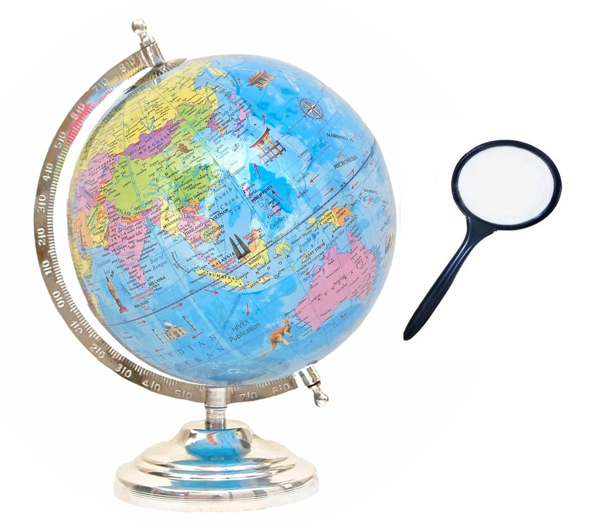 Educational Globe 8 Inch With Magnifying Glass, Rotating World Globe With Steel Finish Arc & Base | World Globe, For Kids Learning, Students & Home Decor, Office Desk, Pack Of 1