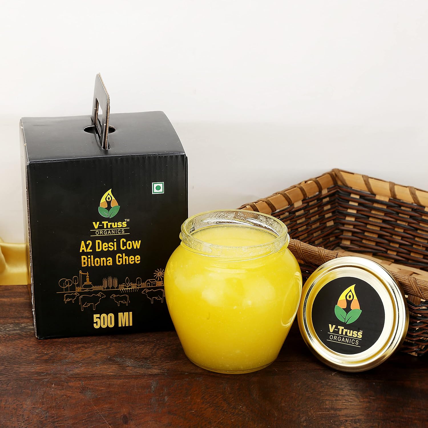 Premium A2 Pure Desi Cow Bilona Ghee By V - Truss Organics | Traditional Vedic Bilona Method Healthy Desi Cow Ghee Perfect For Calcium | (500ml) 16.9 Ounce | Jar Pack