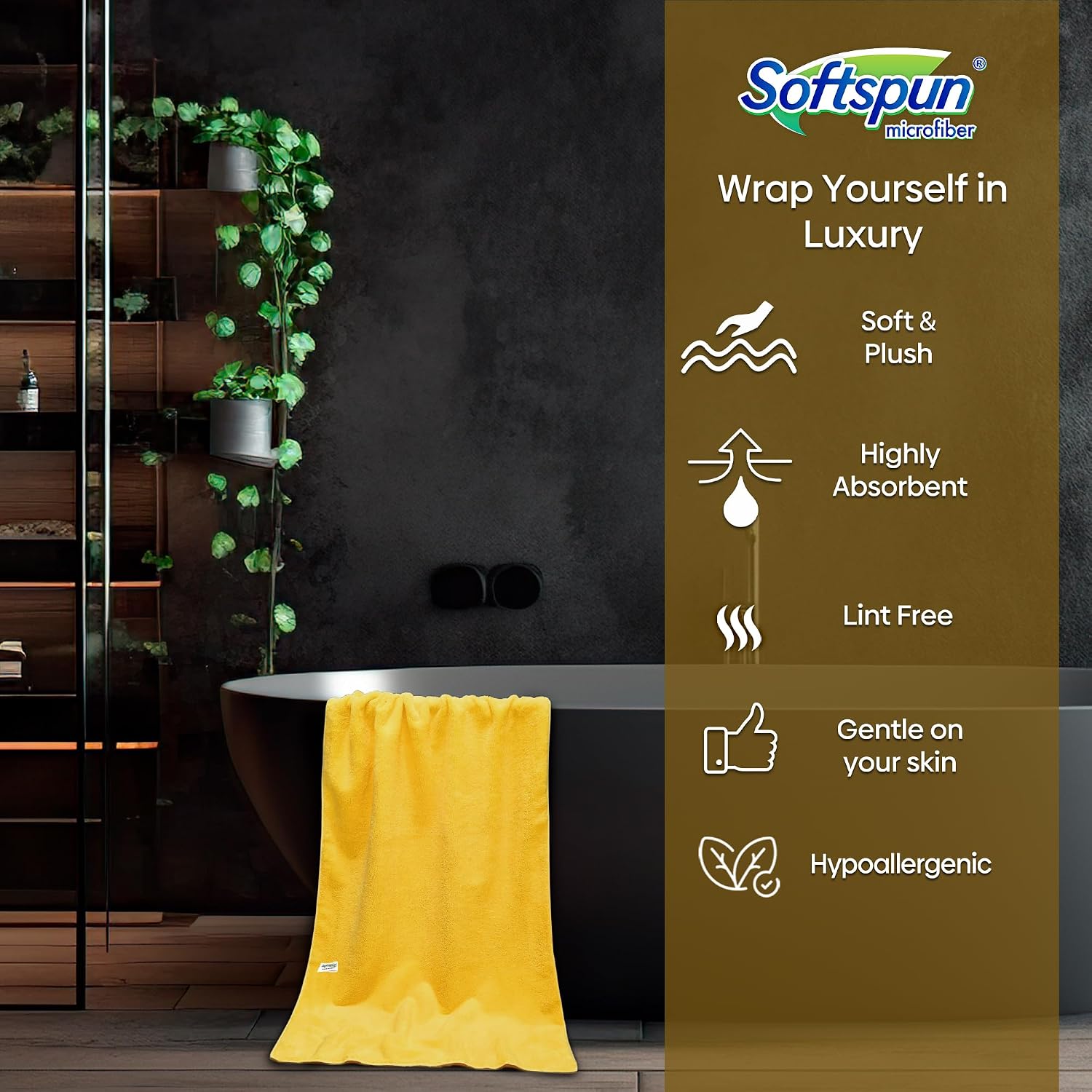 Softspun Microfiber High Loop Hair & Face Care Bath Towel 450 Gsm | Ultra Absorbent Super Soft & Comfortable Quick Drying Extra Large Towel (Yellow)