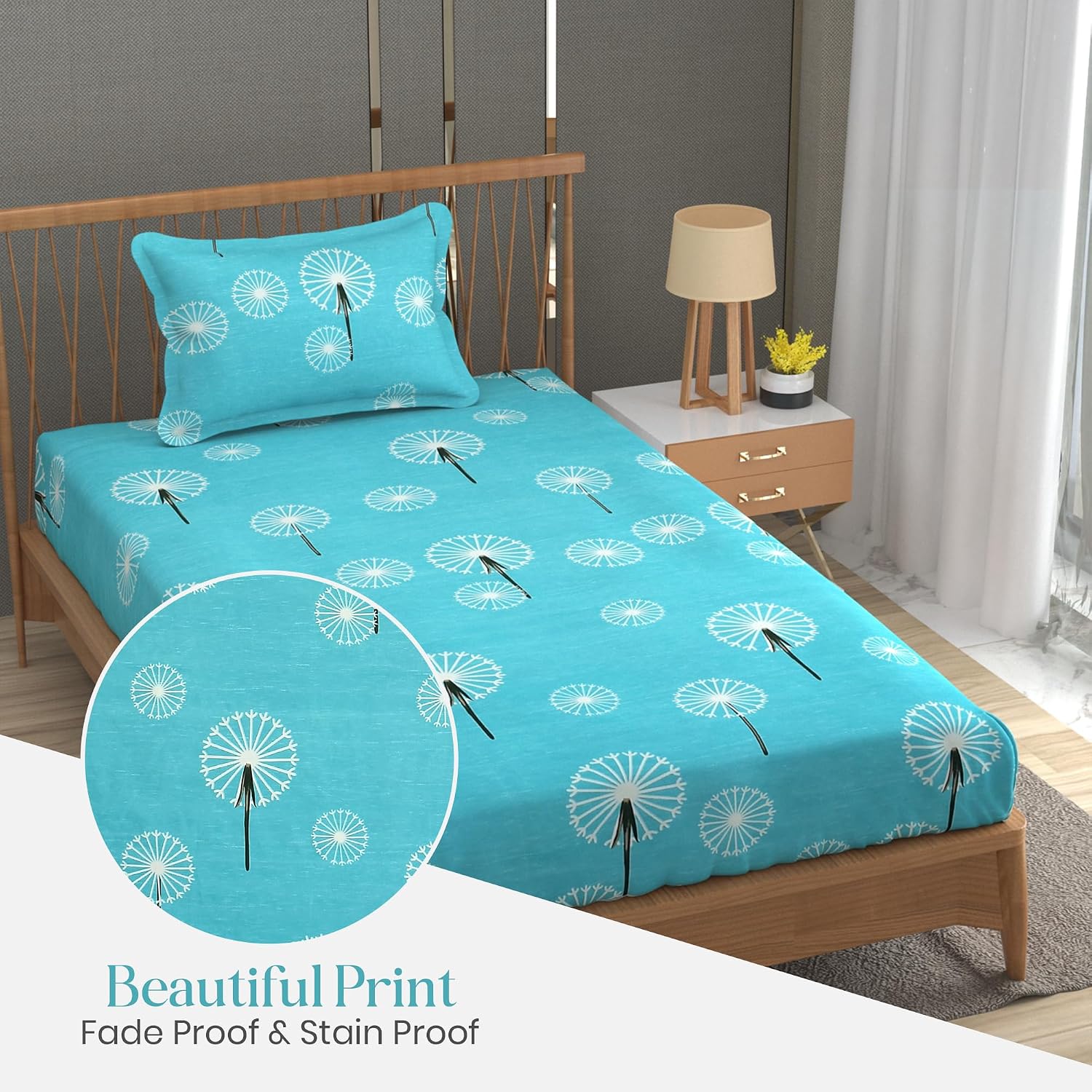 Soft Cotton Single Size Bedsheet With 1 Pillow Cover | 60 X 90 Inches, Sky Blue | Anti-Fade Printed Design | 200 Thread Count