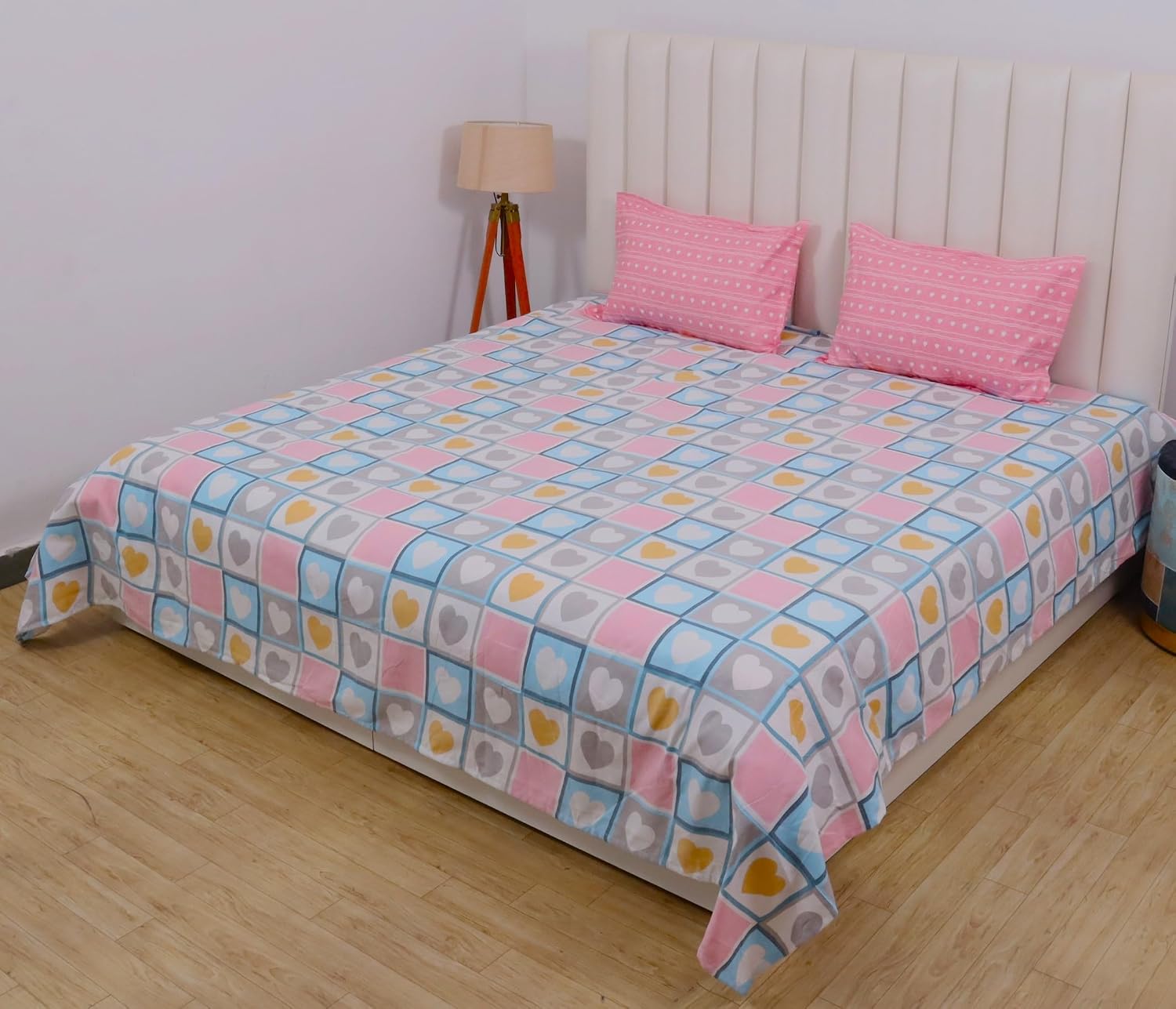 Super Soft Cotton Feel Bedsheet For Double Bed King Size With 2 Pillow Covers | 100 X 108 Inches, White & Pink | Perfect For All Season Comfort