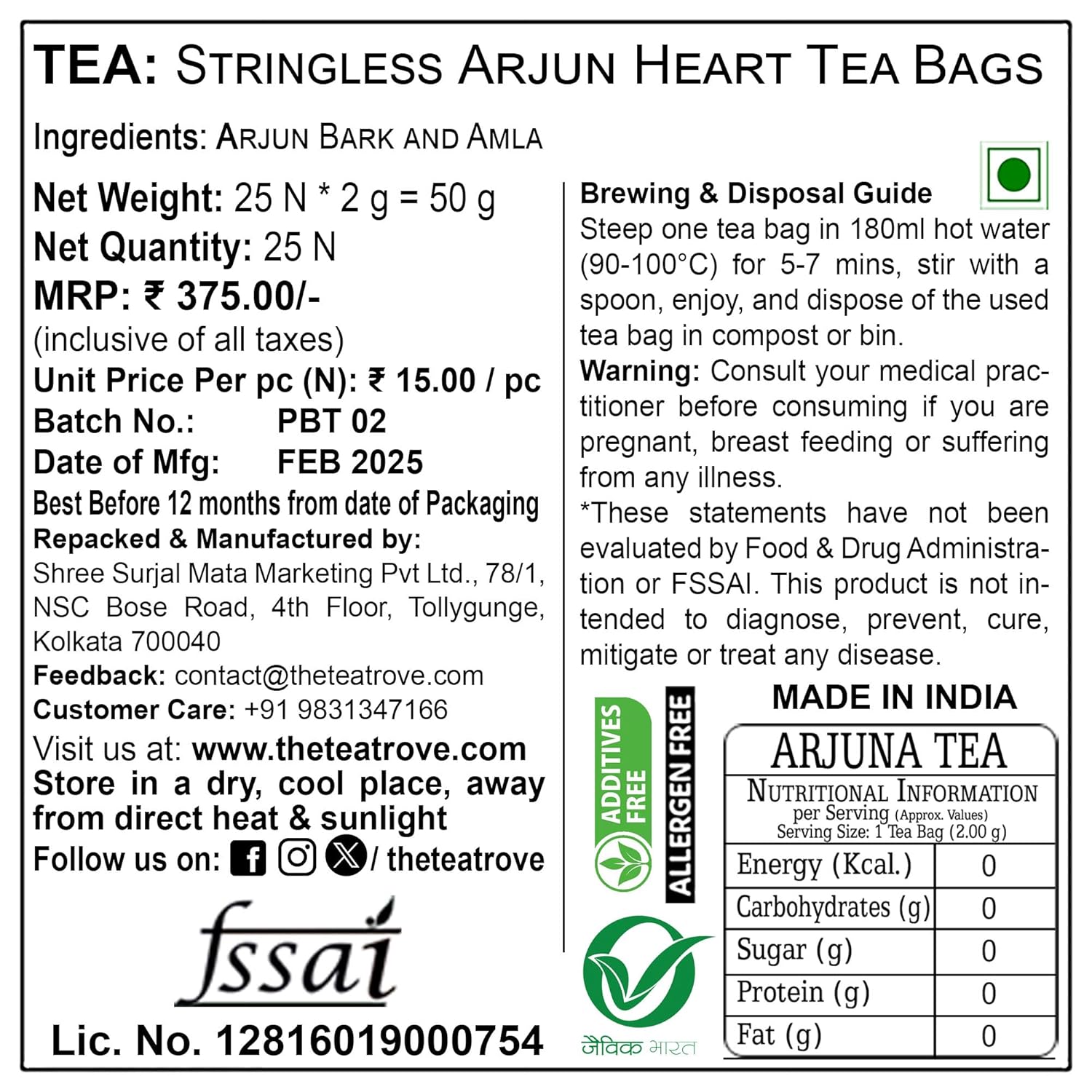 The Tea Trove Organic Arjun Heart Herbal Tea Bags In Resealable Pouch - 25 Unwrapped Tea Bags | Ayurvedic Tea Blend Of Arjun Ki Chaal & Amla - Herbal Tea For Heart & High BP | Caffeine Free