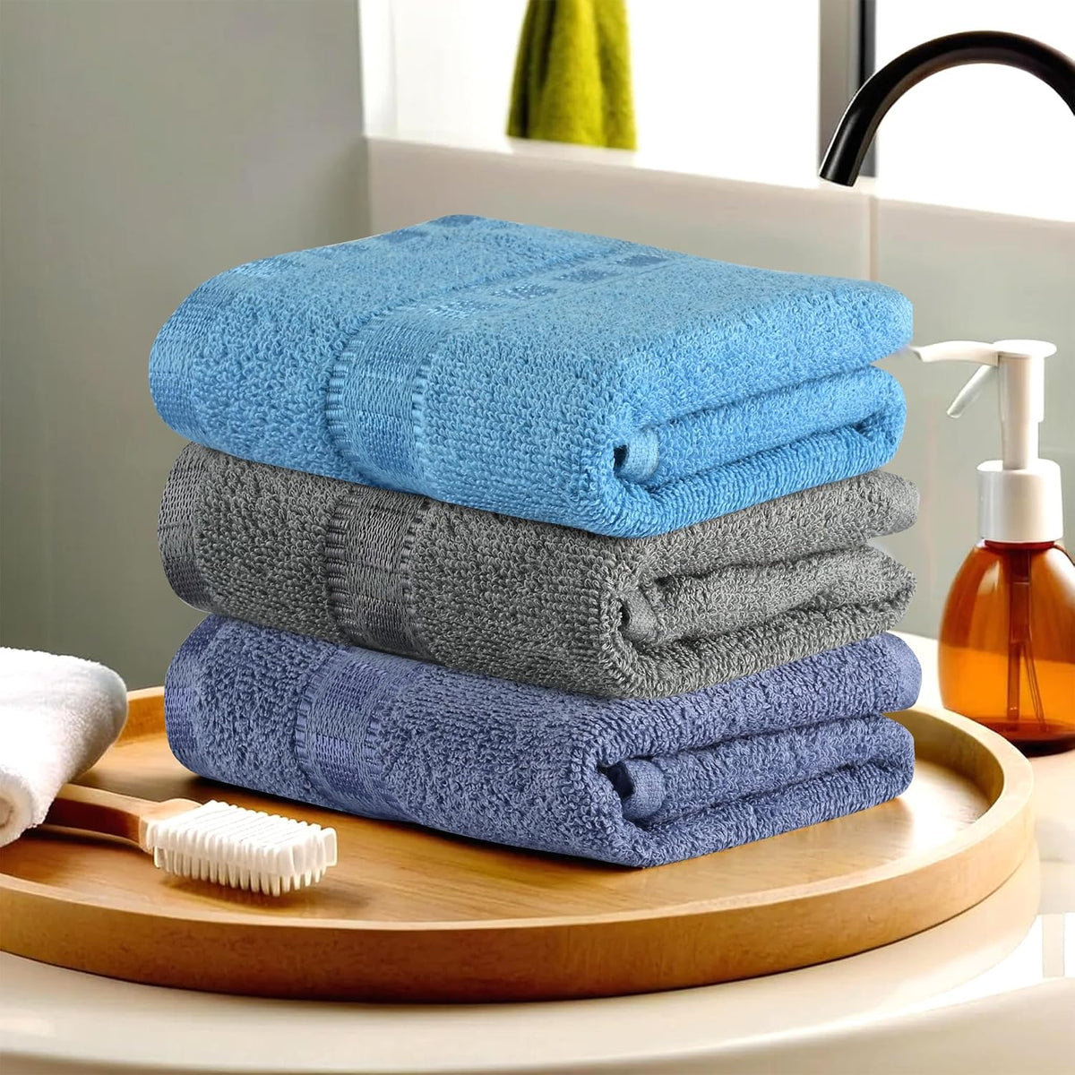 Heart Home Cotton Hand & Face Towels 600 Gsm | For Men & Women Easily Washable Workout Gym Towel - Dark Blue, Grey & Sky Blue (Pack Of 3)