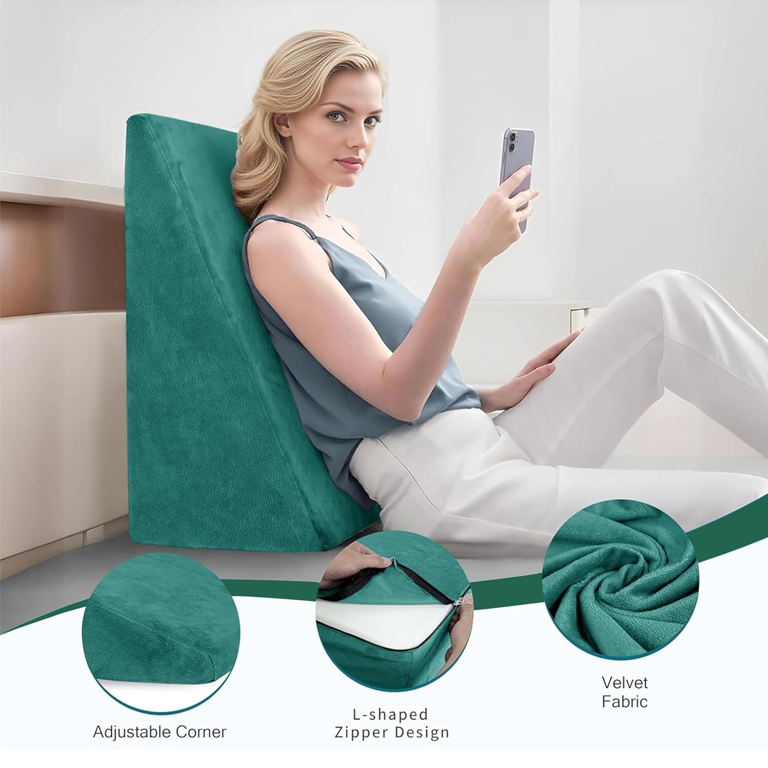Wedge Pillow, Back Support Pillow For Neck Pain, Medium Firm, Green Color | Pillow For Headaches, Reflux, Shoulders, Back Pain & High Resilience, Velvet Fabric, Adjustable Pillow - Pack Of 1