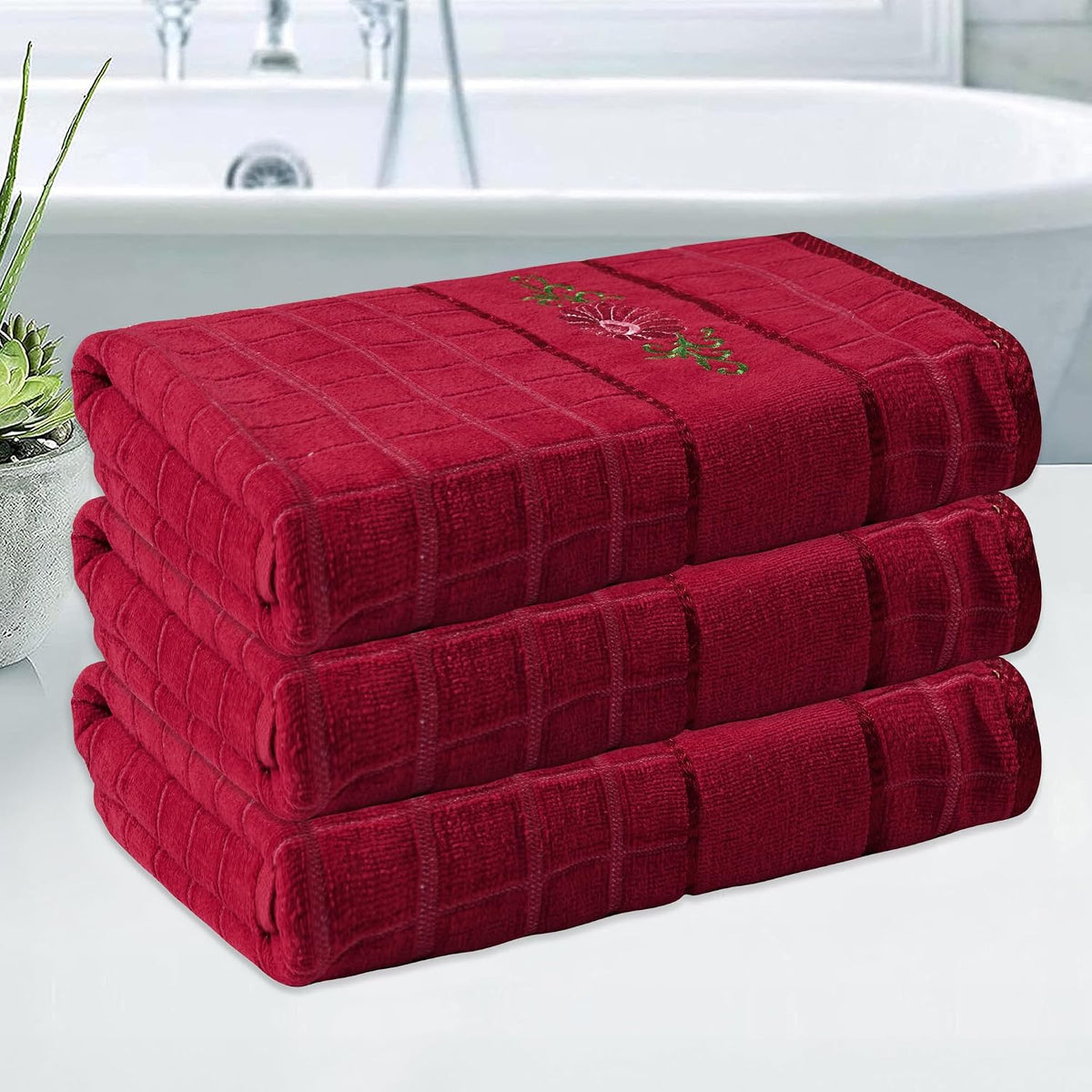 Kuber Industries Rectangle Super Absorbent Bath Towel 1500 Gsm | Soft & Comfortable Swimming & Bathing Towels | Gold Flower (Red)- Pack Of 3