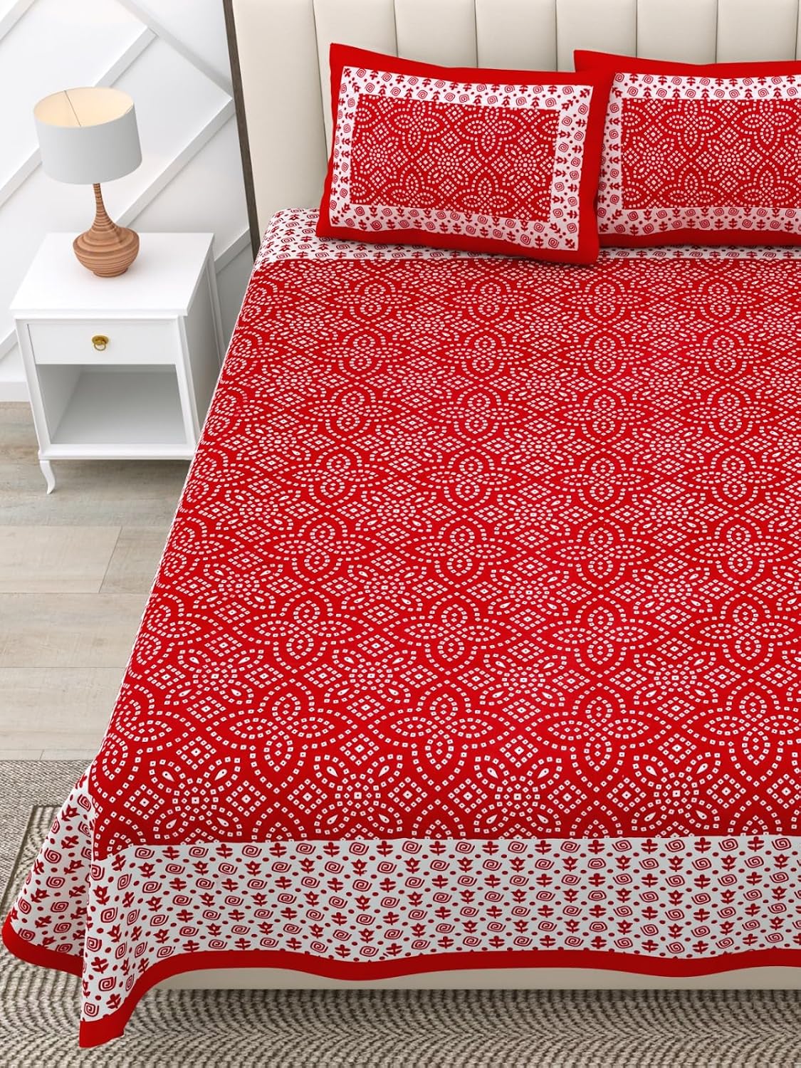 Jaipuri Bedsheets For Double Bed King Size With 2 Pillow Covers - 90 X 100 Inches, Red & White | Soft & Durable For Everyday Use & Bedroom - All Season Comfort