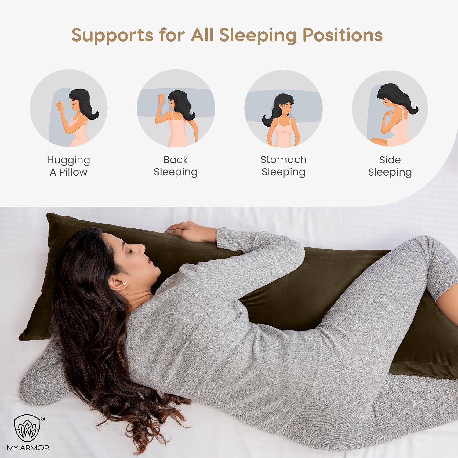Microfiber Body Side Pillow For Sleeping For Pregnancy, Brown - 53 X 16 Inch | Long Cuddle Pillow For Hugging, Relaxing, Washable, Premium Velvet Outer Cover With Zip, Adjustable Pillow