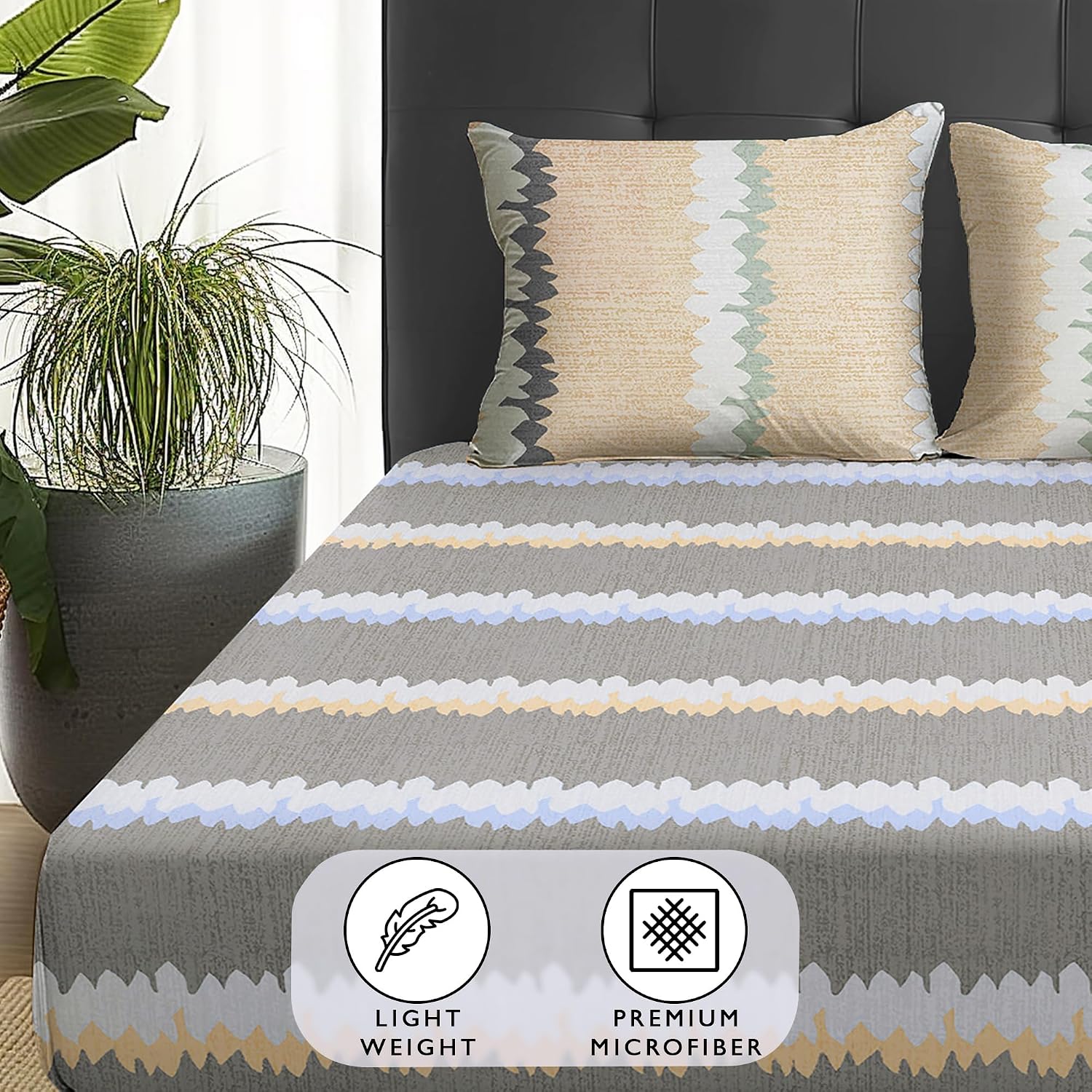 1 Piece Microfiber Bedsheet For Double Bed With 2 Pillow Covers - 88 X 98 Inches, Grey & Beige | Cotton Bedsheet, Breathable & Wrinkle Free