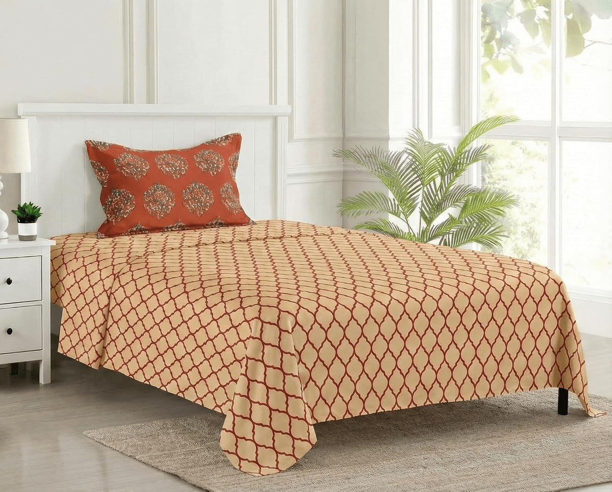 Cotton Printed Single Flat Bedsheet With 1 Pillow Cover - 60 X 100 Inches, Clay Red & Beige | Breathable & Skin Friendly Bedsheet | Ideal For Year Round Use