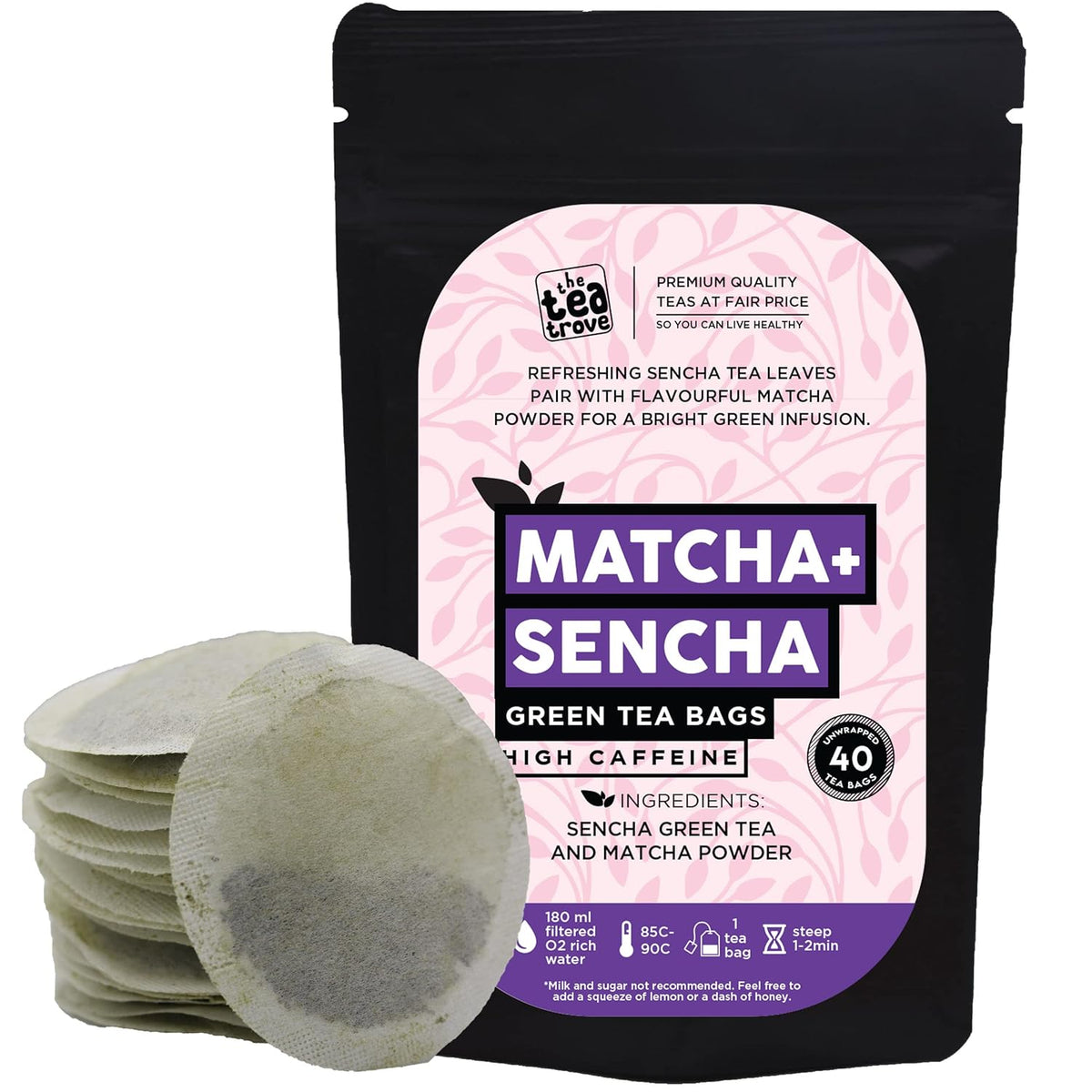 The Tea Trove Japanese Matcha + Sencha Green Tea Bags - 40 Unwrapped Tea Bags | Boosts Metabolism, Rich In Antioxidants - High Caffeine Green Tea Bag In Resealable Pouch