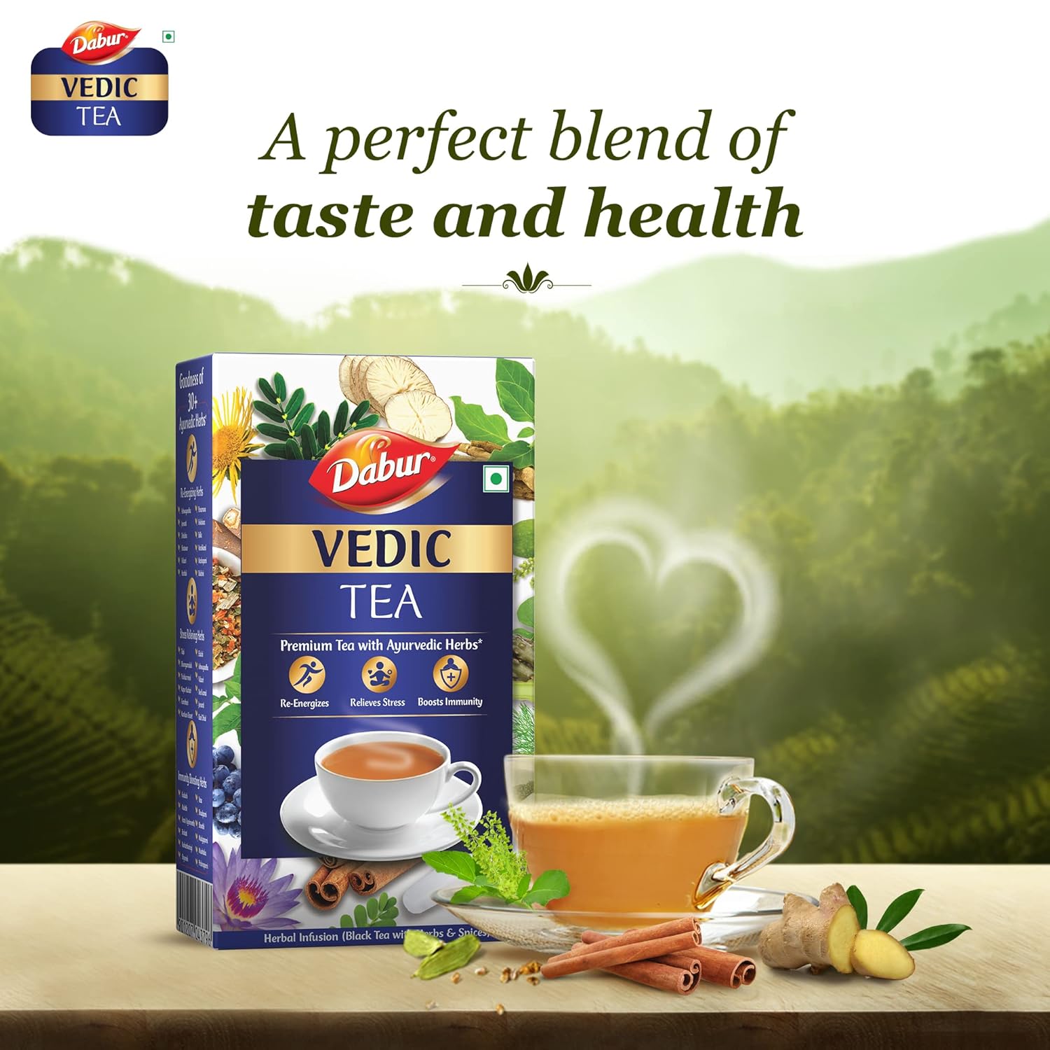 Dabur Vedic Tea Black Tea 500gm, 17.6 Ounce + Detox Kahwa Green Tea, 25 Tea Bags | Herbal Infusion Premium Tea With 30+ Ayurvedic Herbs - Zingy, Spicy Taste, High Caffeine