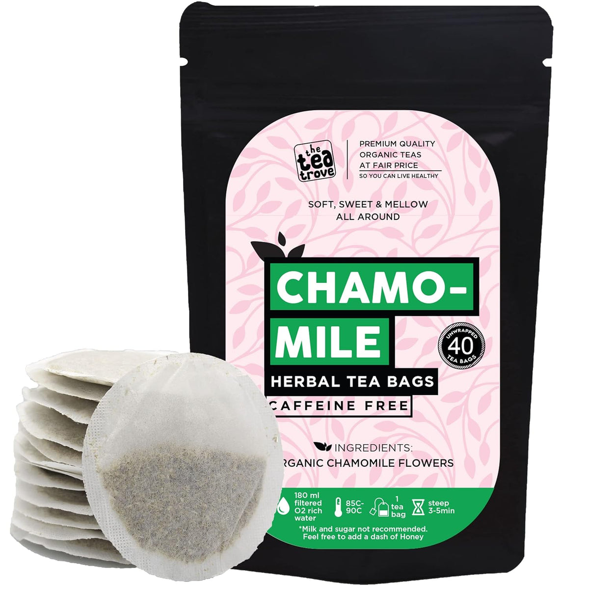 The Tea Trove Organic Chamomile Herbal Tea Bags In Resealable Pouch - 40 Unwrapped Tea Bags | Caffeine Free Chamomile For Sleep & Stress Relief Tea - Steep Hot Or Iced