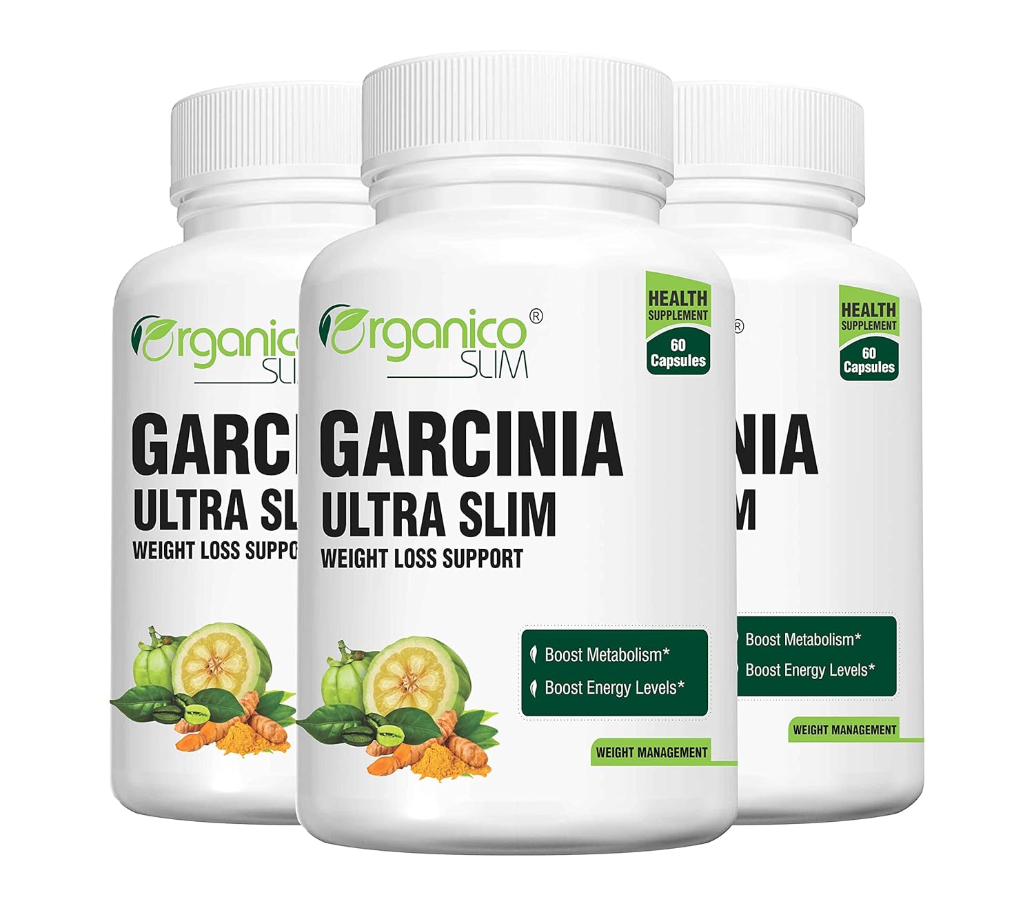 Organico Slim Garcinia Ultra Slim With Green Tea, Green Coffee Bean, Coleus Forskohlii, Black Pepper With Chromium Picolinate, Caffeine For Metabolism & Weight Loss | 60 Capsules 100gm 0.2lbs