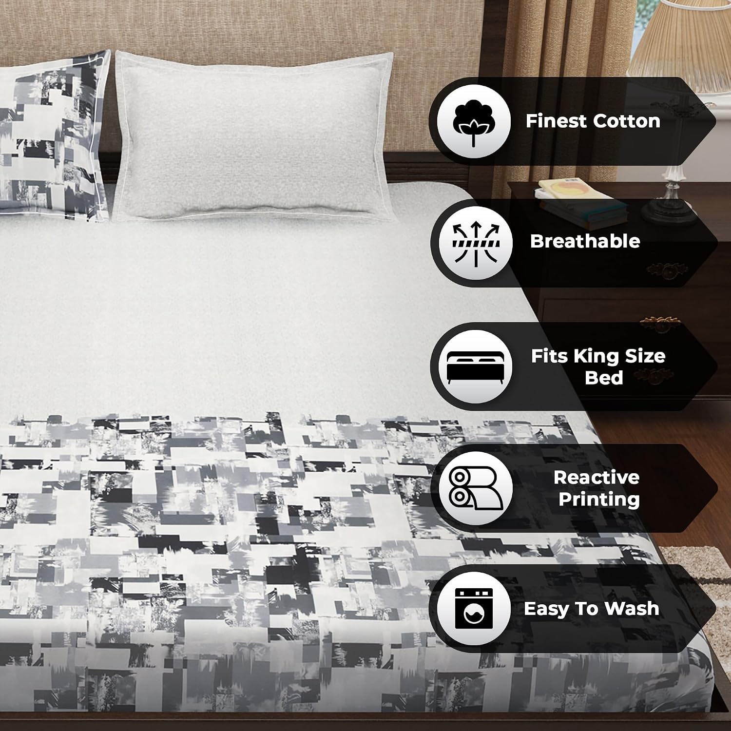 King Size Bedsheet With 2 Pillow Covers - 106 X 106 Inches, White & Grey | Summer Breathable & Wrinkle Free | Bedsheet Long Lasting & Soft To Touch