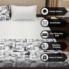 King Size Bedsheet With 2 Pillow Covers - 106 X 106 Inches, White & Grey | Summer Breathable & Wrinkle Free | Bedsheet Long Lasting & Soft To Touch