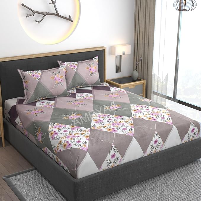 All Around Elastic Fitted Printed Bedsheets For Double Bed Elastic Fitted With 2 Pillow Covers - Size-60 X 78 Inch, White & Grey | Queen Size Bedsheet