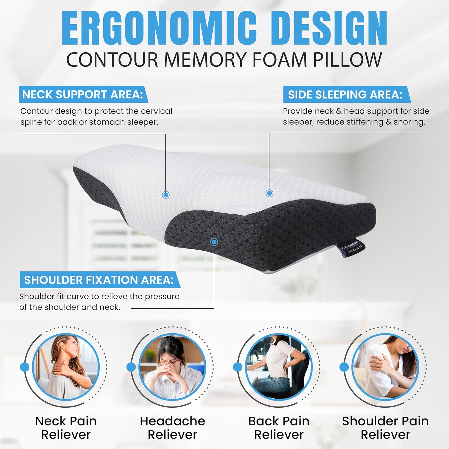 Cervical Memory Foam Pillow, Orthopedic Pillow For Neck & Shoulder Pain Relief, White & Grey - 12 X 20 Inch | Cervical Pillow For Neck Pain & Spinal Alignment, Washable Cover - 1 Piece