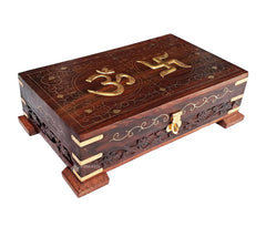 Exquisitely Hand Brass - Filled Wooden Om Box For Good Luck 10 X 6 Inches, Pedestal, Colour - Brown, Material - Seasoned & Dry Rosewood