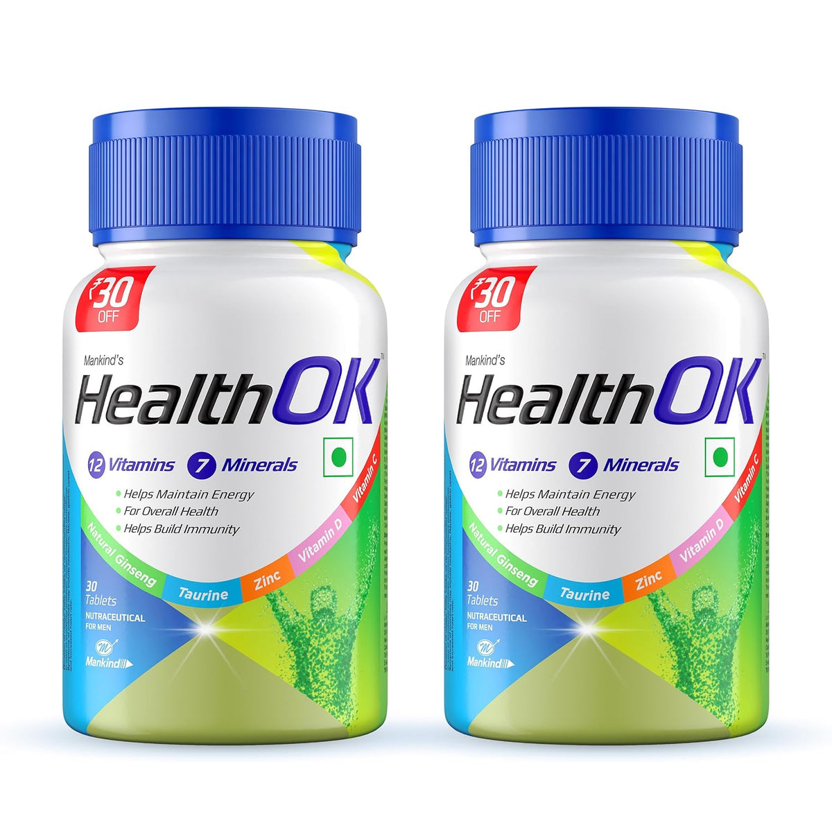 Mankind's Health Ok Multivitamin With Natural Ginseng & Taurine Power Lemon Flavour , 100% Vegetarian | 30 Tablets 50gm 0.2lbs , Each Pack Of 2
