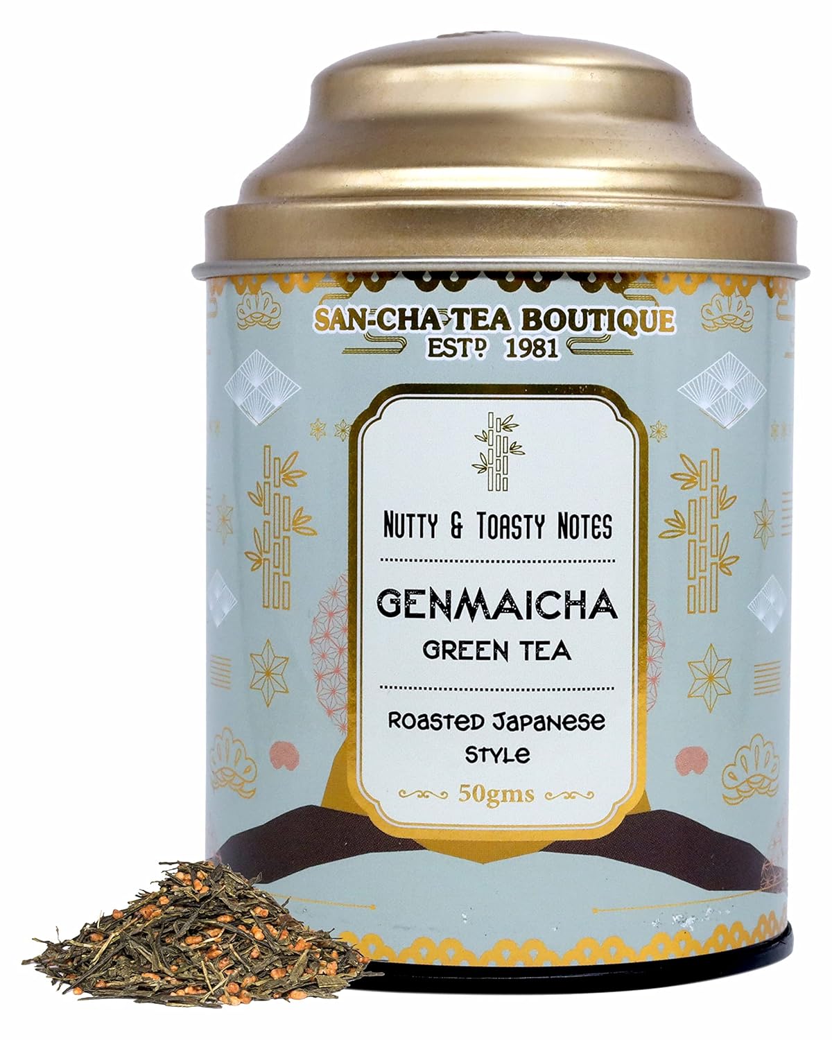 San-Cha Genmaicha Green Tea - 50gm, 1.7 Ounce | Nutty & Toasty Notes, Roasted Japanese Style - Environment Friendly & Made In Corn Fiber | Low Caffeine