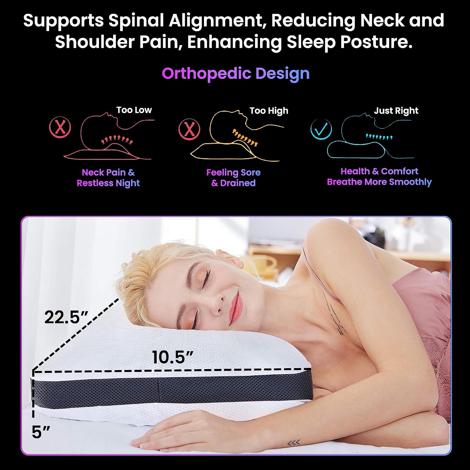 Orthopedic Cooling Gel Memory Foam Pillow For Cervical & Neck Pain Relief | Soft Contour Cushion Support For Spine Alignment & Back Pain | Ultimate Support & Comfort, Soft Pillow