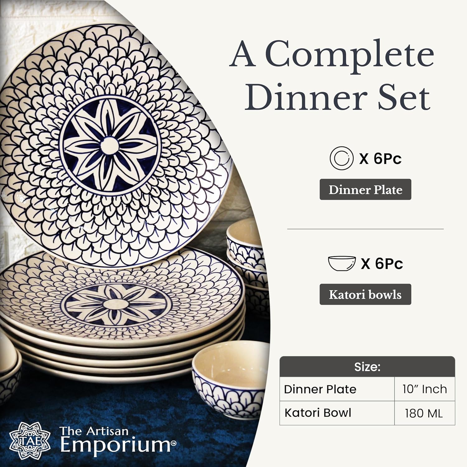 Mermaid Tales Hand Painted Ceramic Dinner Set - 12 Piece, White & Indigo | 6 Dinner Plates + 6 Katori Serving Bowls, 180ml Each | Serving For 6, Microwave Safe & Dishwasher Safe