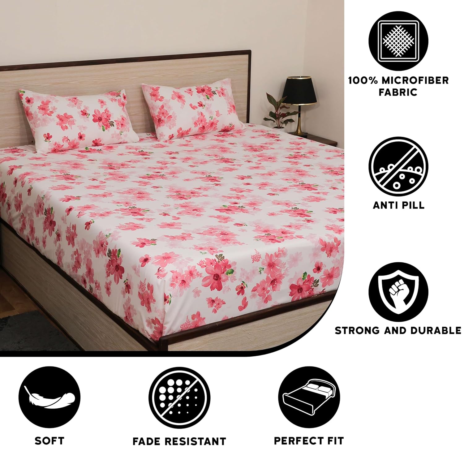 Double Bed Floral Printed Microfiber Bedsheet Set Includes 2 Pillow Covers - Size 102 X 108 Inches, White & Pink | 186 Thread Count - Ideal For Home Daily Use & Gifting