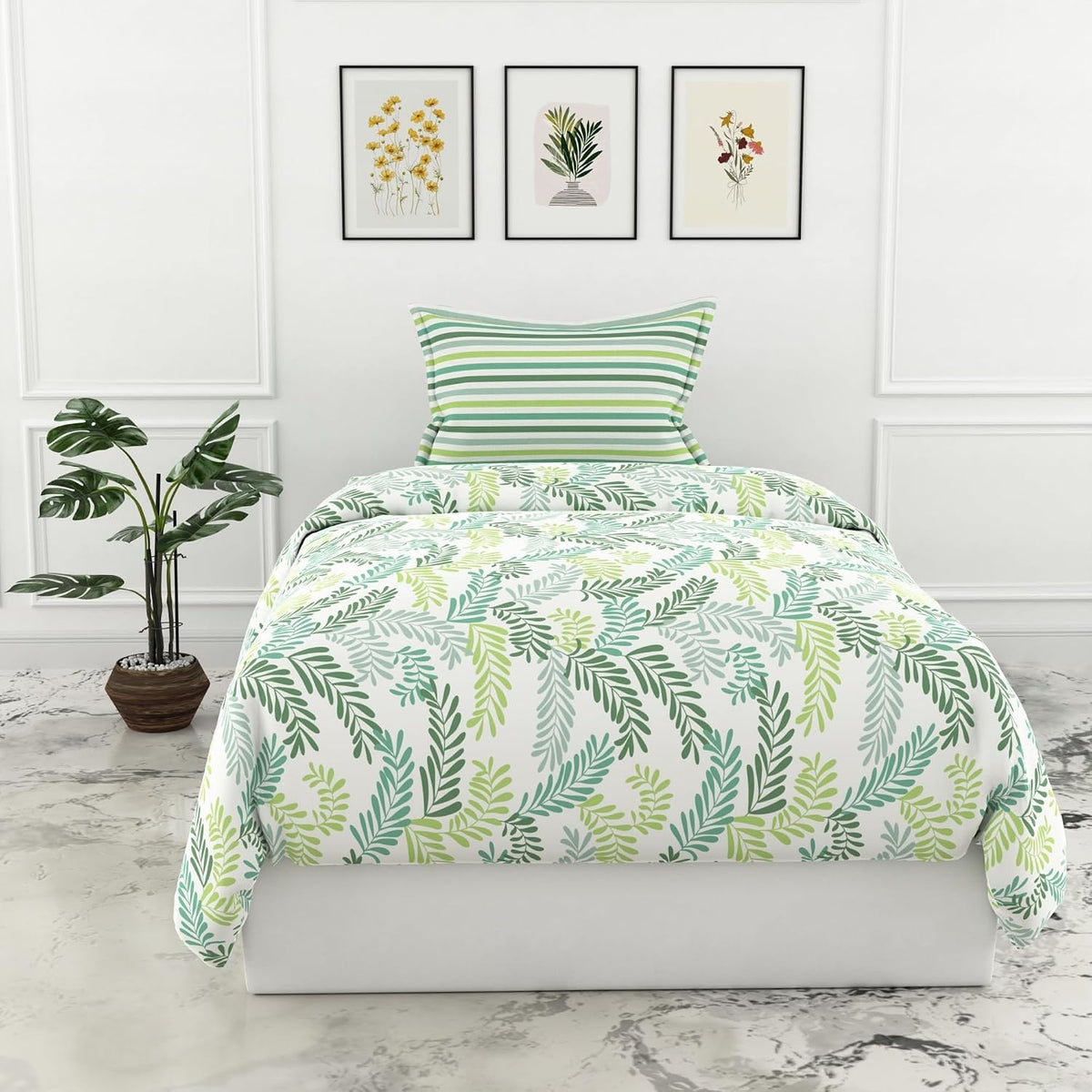 Bedsheet For Single Size With 2 Pillow Covers - 54 X 84 Inches, Cream & Green | Light Weight, Suitable For All Seasons & Easy To Wash