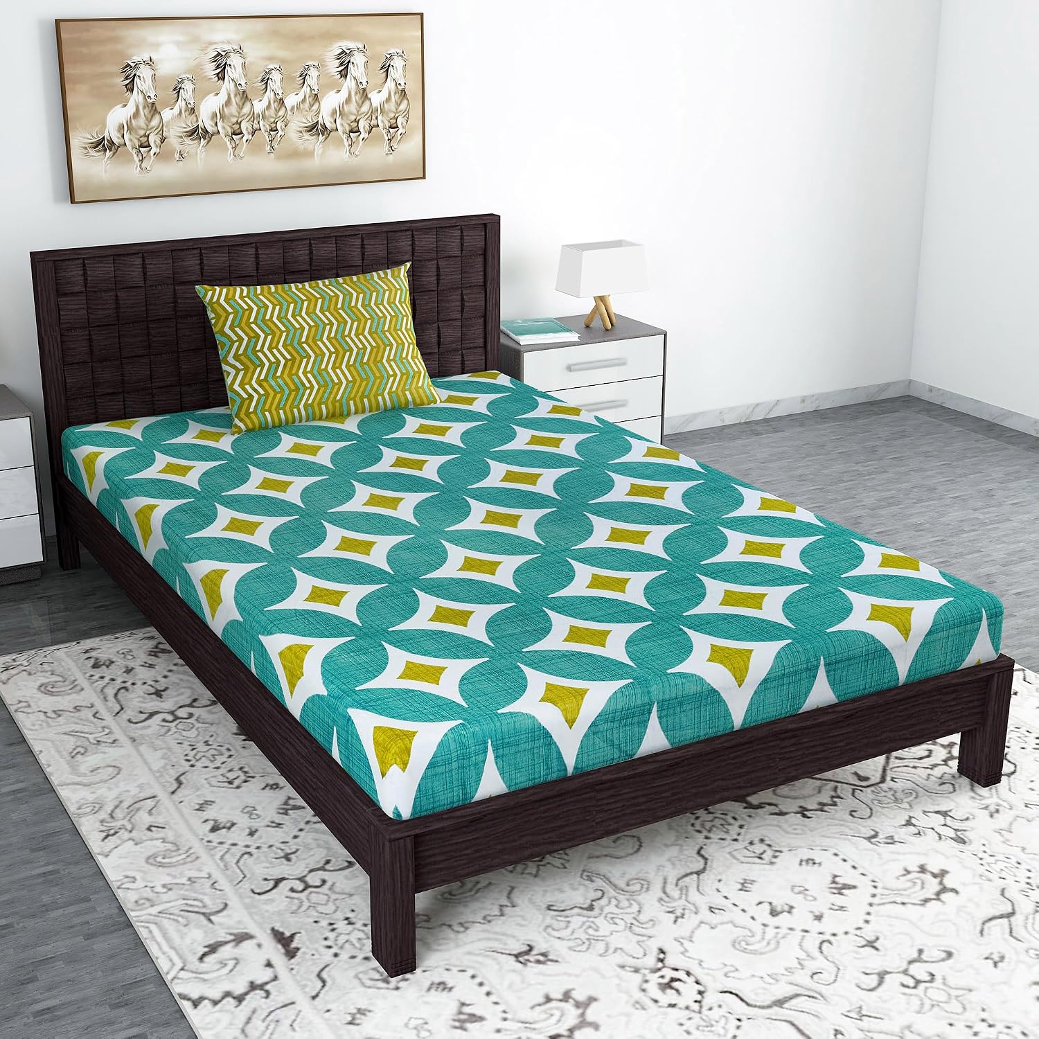 100% Cotton Single Bedsheet With 1 Matching Pillow Covers - 57 X 87 Inches, Green | All Weather Comfort & Bedroom - Softness & Natural Breathability