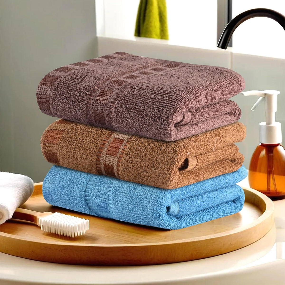 Kuber Industries Cotton Hand/Face Towels 600 Gsm | Easily Washable Workout Gym Napkins For Men - Sky Blue-Golden & Brown (Pack Of 3)