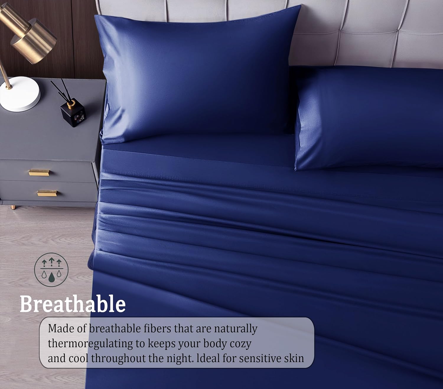 Satin Fitted Solid Bedsheet King Size With 2 Pillow Cover - 72 X 78 X 10 Inches, Blue | Lightweight & Breathable, Perfect For All Seasons