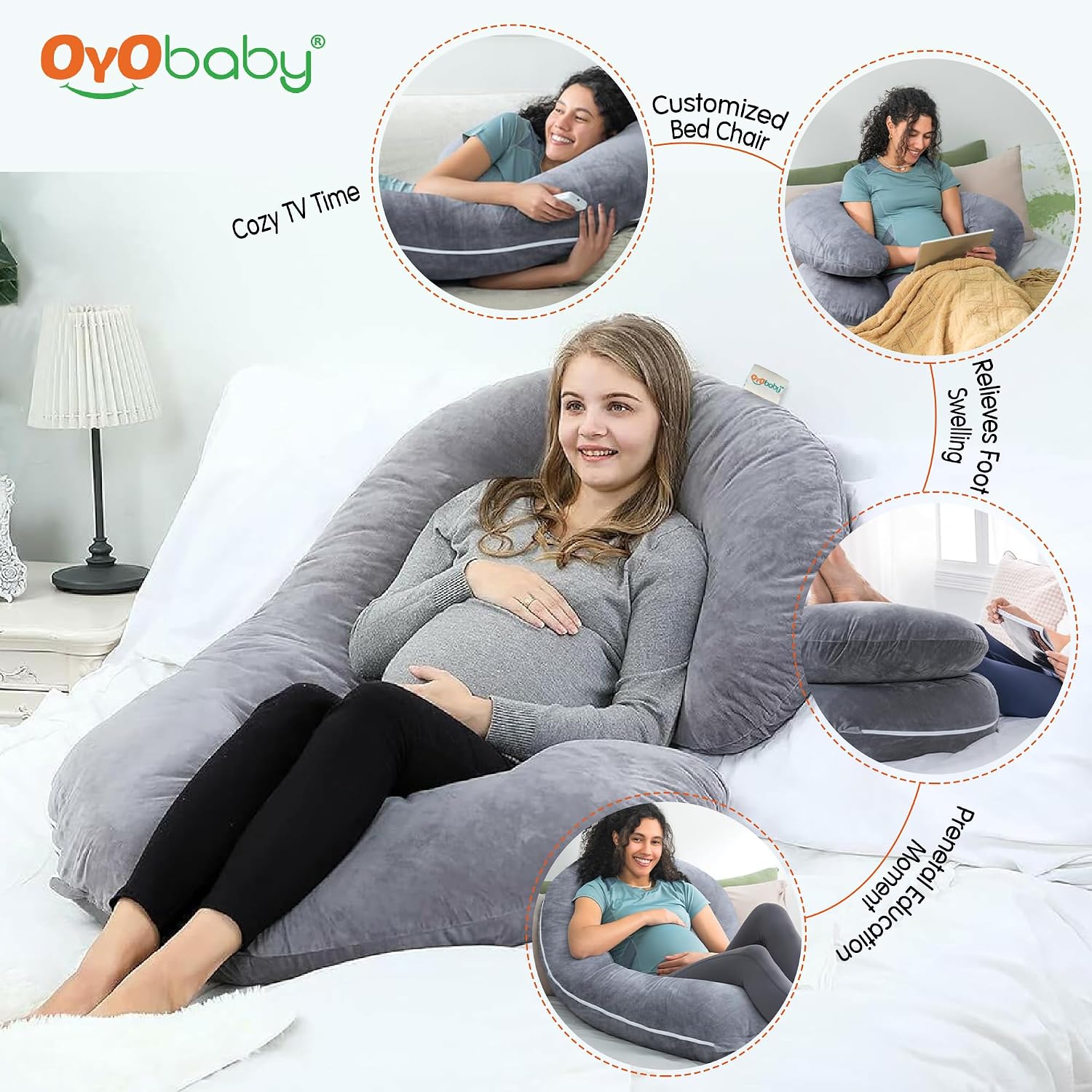 C-Shaped Maternity Pillow, For Pregnant Women, Belly & Back, Hips, Side Supports, Grey | Premium Velvet Cover, Pregnancy Pillows For Sleeping | Full Body Support, Multipurpose Pillow