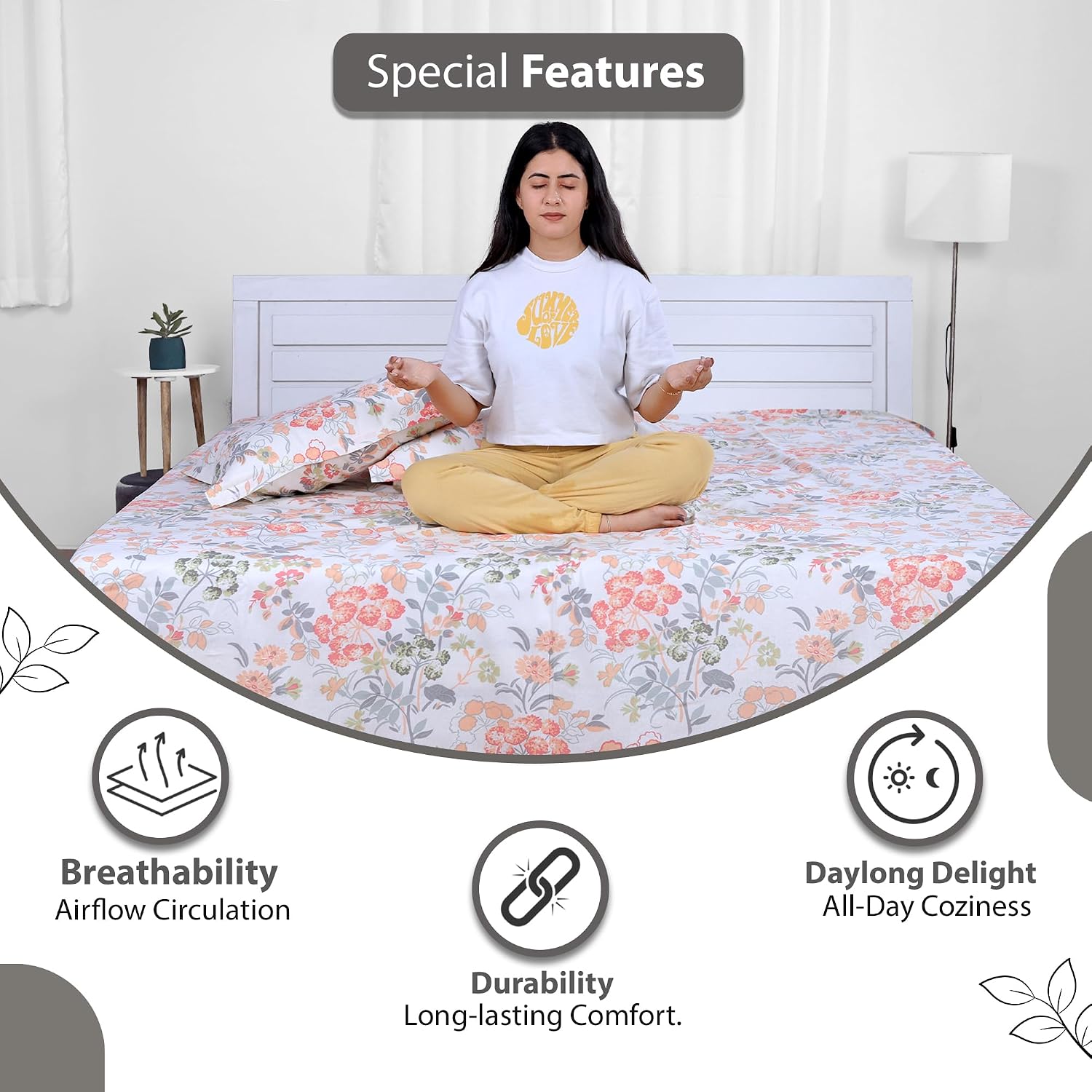 Queen Size Double Bedsheet With 2 Pillow Covers - 87 X 100 Inches, White & Peach | 144 Thread Count Pure Cotton Bedsheet - Light Weight, Soft, Skin Friendly | Perfect For Gifting