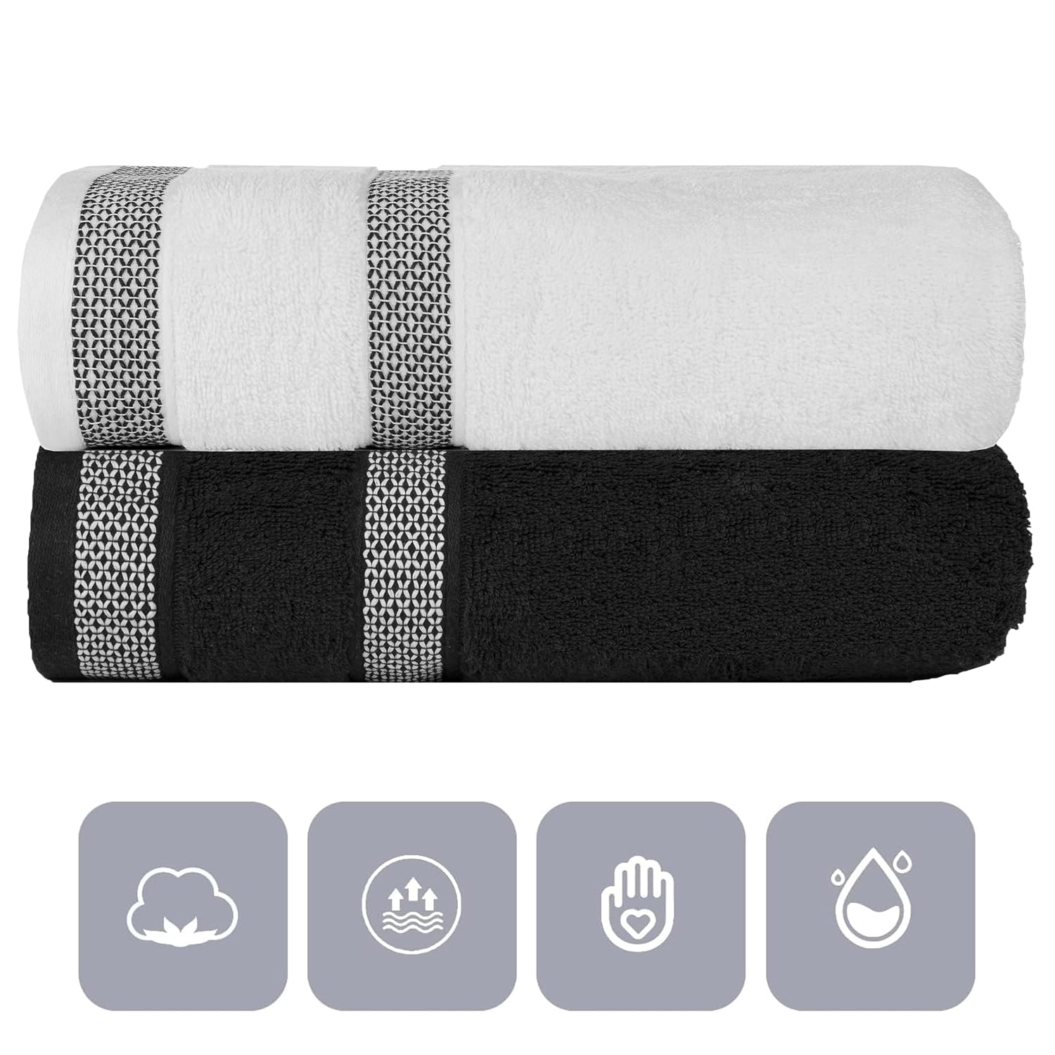 Casa Copenhagen Designed In Denmark Solitaire Super Soft 2 Pieces 100% Cotton Large Bath Towel 525 Gsm - Black & White