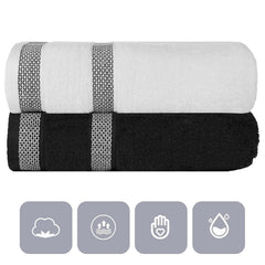 Casa Copenhagen Designed In Denmark Solitaire Super Soft 2 Pieces 100% Cotton Large Bath Towel 525 Gsm - Black & White